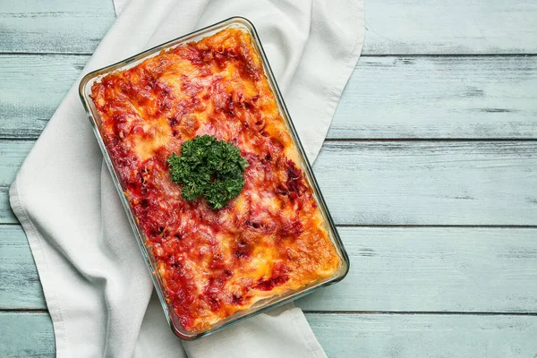 Baking Dish Tasty Vegetable Lasagna Color Wooden Background — Stock Photo, Image