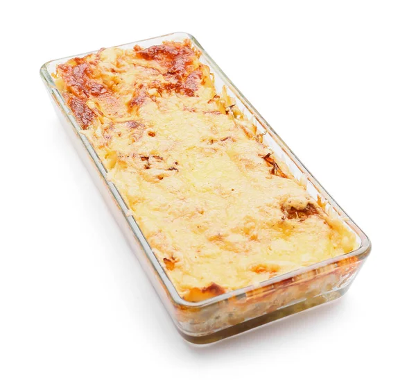 Baking Dish Tasty Vegetable Lasagna White Background — Stock Photo, Image