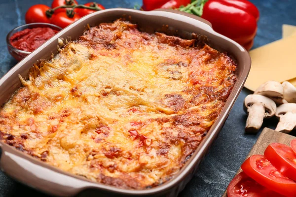 Baking Dish Tasty Vegetable Lasagna Color Background — Stock Photo, Image