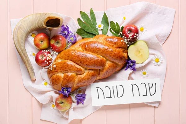 Composizione Rosh Hashanah Capodanno Ebraico Celebrazione Sfondo Legno Colori — Foto Stock