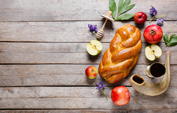 Composition for Rosh hashanah (Jewish New Year) celebration on wooden background