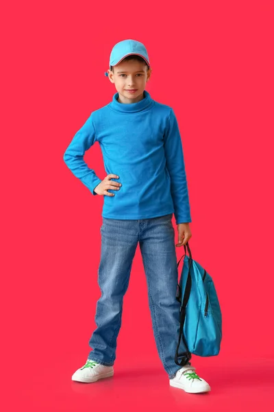 Little Schoolboy Backpack Color Background — Stock Photo, Image