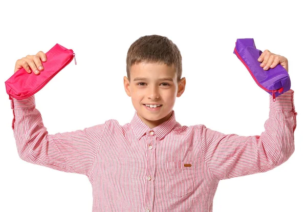 Niño Pequeño Con Estuches Lápiz Sobre Fondo Blanco —  Fotos de Stock