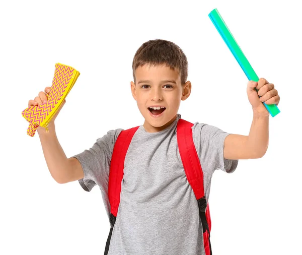 Little Schoolboy Pencil Case Ruler White Background — Stock Photo, Image