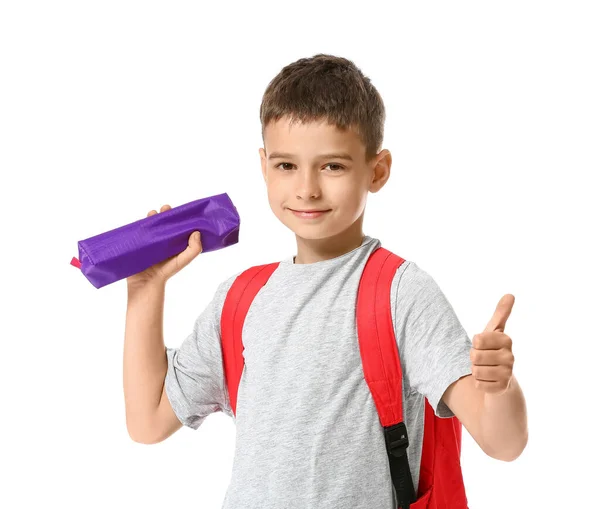 Little Schoolboy Pencil Case Showing Thumb White Background — Stock Photo, Image