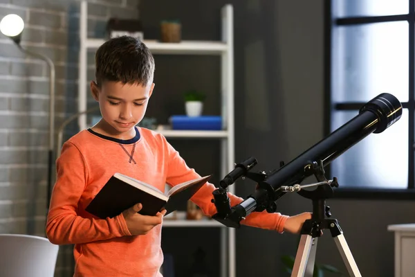 Little Boy Book Telescope Home — Stock Photo, Image