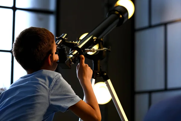 Little Boy Telescope Looking Stars Evening — Stock Photo, Image