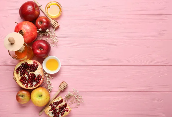 Σύνθεση Του Rosh Hashanah Εβραϊκή Πρωτοχρονιά Γιορτή Ξύλινο Φόντο Χρώμα — Φωτογραφία Αρχείου