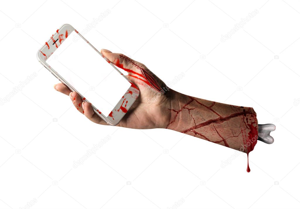 Cut off hand with phone on white background