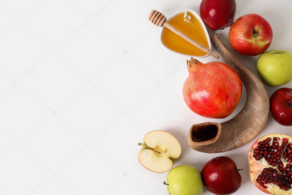 Symbols of Rosh hashanah (Jewish New Year) on light background