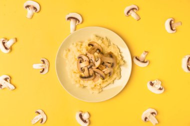 Renkli arkaplanda patates püresi ve mantar tabağı.