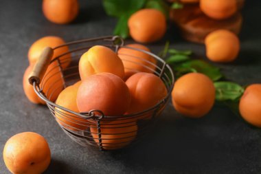 Koyu arkaplanda lezzetli olgun kayısılar olan sepet.