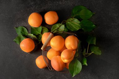 Koyu arkaplanda lezzetli olgun kayısılar olan sepet.