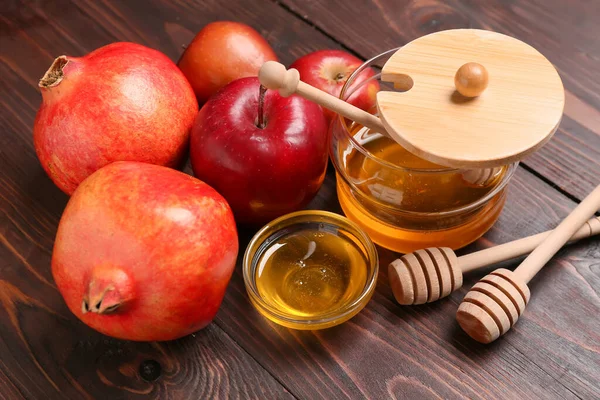 Frutas Mel Fundo Madeira Rosh Hashanah Ano Novo Judaico Celebração — Fotografia de Stock