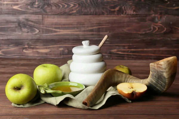 Composição Para Rosh Hashanah Ano Novo Judaico Celebração Fundo Madeira — Fotografia de Stock