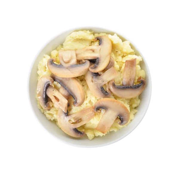 Bowl with tasty mashed potatoes and mushrooms on white background
