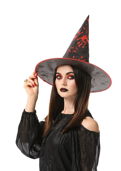 Bella Donna Vestita Strega Halloween Sfondo Bianco — Foto Stock