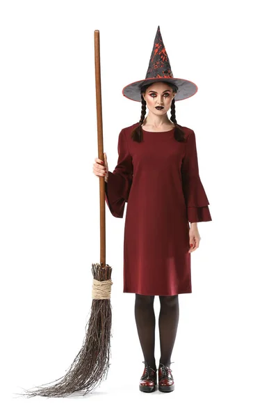 Красивая Женщина Одета Ведьма Хэллоуин Белом Фоне — стоковое фото