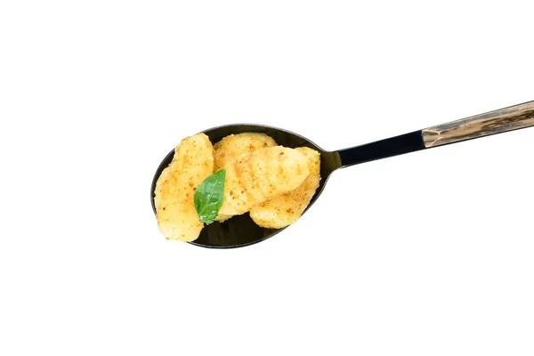 Spoon Tasty Pesto Gnocchi White Background — Stock Photo, Image