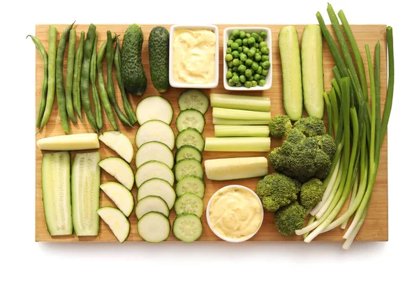 Board Different Green Vegetables White Background — Stock Photo, Image