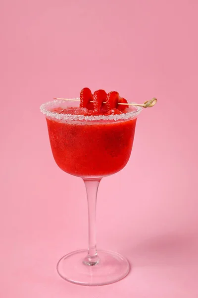 Glass Tasty Strawberry Margarita Color Background — Stock Photo, Image