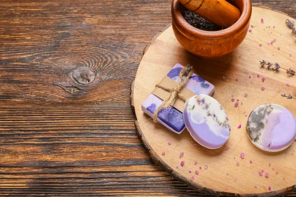 Composition Soap Bars Lavender Flowers Wooden Background Closeup — Stock Photo, Image