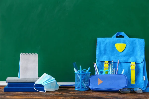 Set Stationery Backpack Medical Mask Table Classroom — Stock Photo, Image