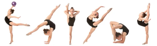 Set Van Kleine Meisje Doen Gymnastiek Oefeningen Geïsoleerd Wit — Stockfoto