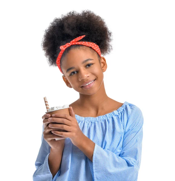 Stylish African American Teenage Girl Cup Hot Cacao White Background — Stock Photo, Image