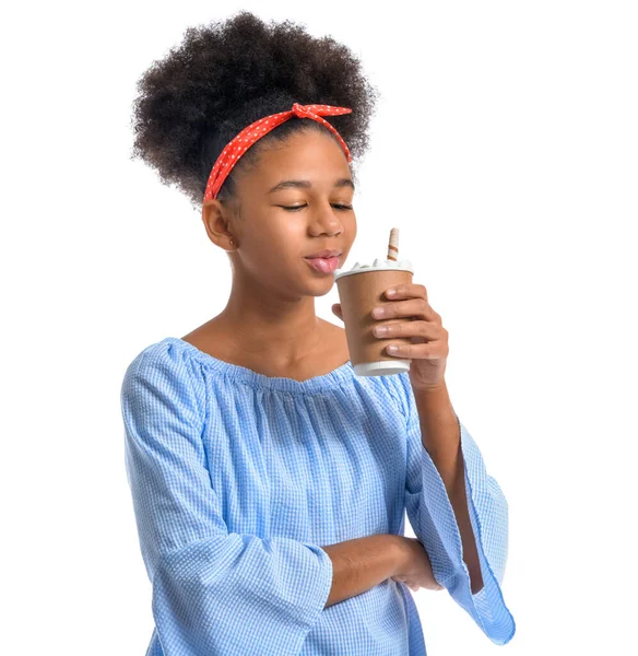 Stylish African American Teenage Girl Drinking Hot Cacao White Background — Stock Photo, Image