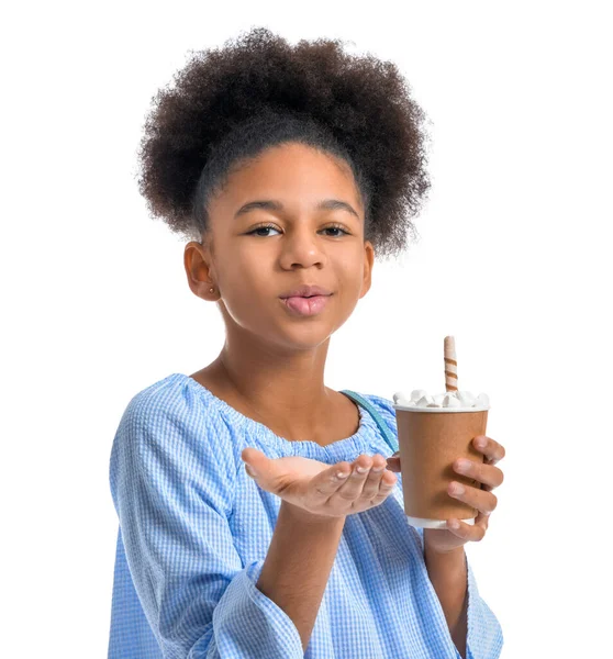 Stylish African American Teenage Girl Cup Hot Cacao Blowing Kiss — Stock Photo, Image