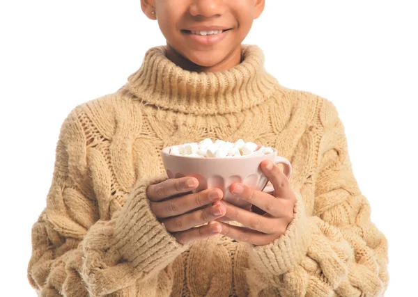 Afro Americano Adolescente Con Tazza Cacao Caldo Sfondo Bianco — Foto Stock