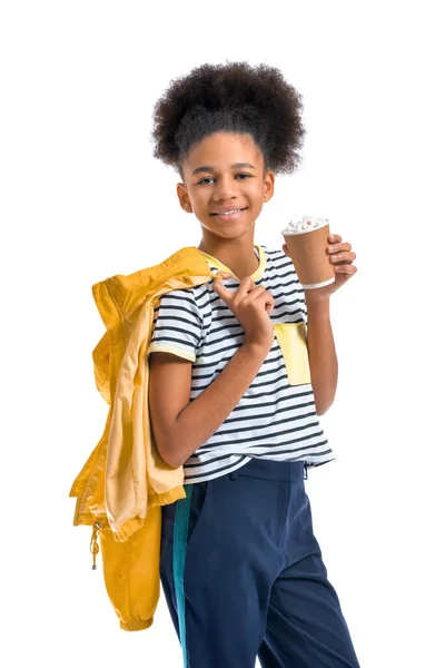 Élégant Afro Américaine Adolescente Avec Tasse Cacao Chaud Sur Fond — Photo