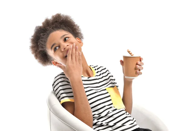 Happy African American Teenage Girl Cup Hot Cacao Sitting Chair — Stock Photo, Image