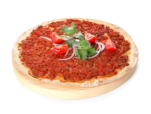 Board Delicious Turkish Pizza White Background — Stock Photo, Image