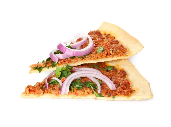 Skivor Läckra Turkiska Pizza Vit Bakgrund — Stockfoto