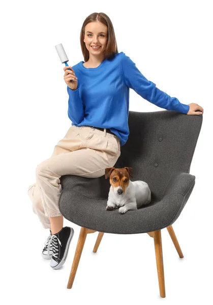 Young Woman Lint Roller Cute Dog White Background — Stock Photo, Image