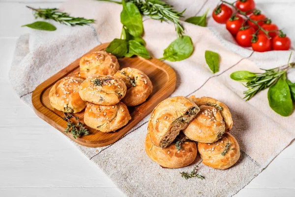 Puff Pastry Stuffed Spinach White Wooden Background — Stock Photo, Image