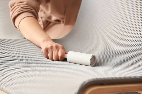 Woman Cleaning Armchair Lint Roller Closeup — Stock Photo, Image