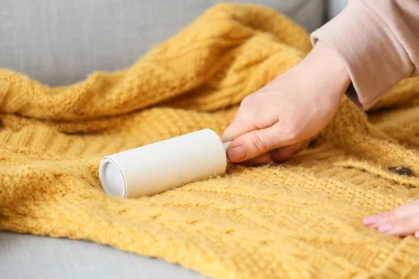 Woman Cleaning Knitted Sweater Lint Roller Closeup — Stock Photo, Image