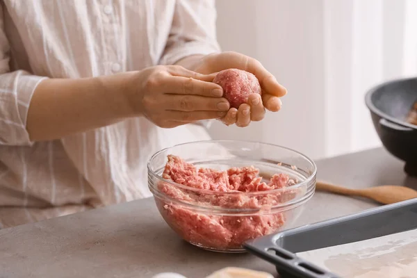 Woman Preparing Tasty Cutlets Kitchen — Stock Photo, Image