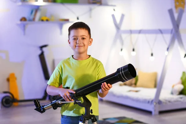 Little Boy Telescope Looking Stars Evening — Stock Photo, Image