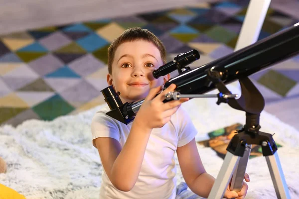 Little Boy Telescope Looking Stars Evening — Stock Photo, Image