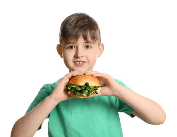 Liten Pojke Med Välsmakande Vegan Burgare Vit Bakgrund — Stockfoto