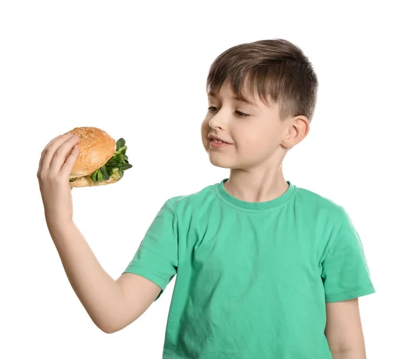 Niño Pequeño Con Sabrosa Hamburguesa Vegana Sobre Fondo Blanco — Foto de Stock