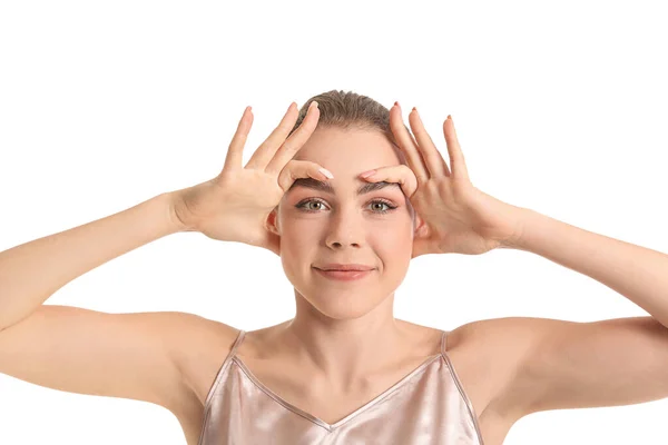 Beautiful Young Woman Doing Facial Yoga White Background — Stock Photo, Image