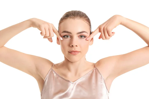 Beautiful Young Woman Doing Facial Yoga White Background — Stock Photo, Image