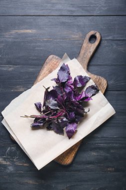 Koyu ahşap arka planda taze fesleğen bulunan tahta.