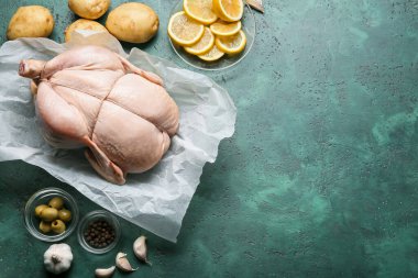 Çiğ tavuk, limon, sebze ve baharatlı parşömen.