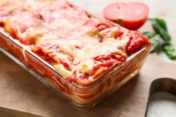 Baking Dish Tasty Tomato Lasagna Table Closeup — Stock Photo, Image